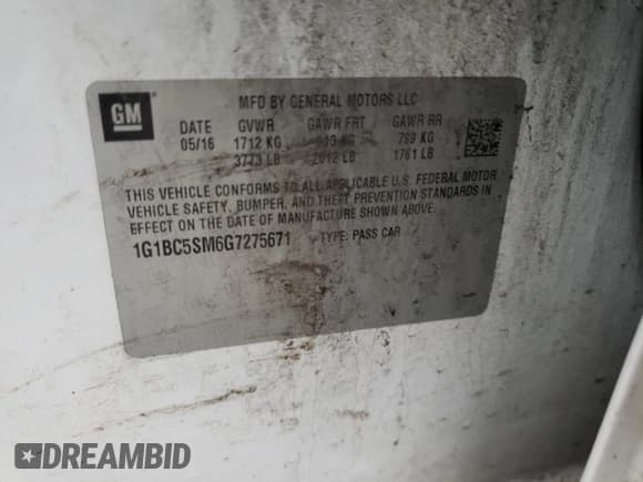 ✅ 2016 Chevrolet Cruze LS • VIN: 1G1BC5SM6G7275671 • Лот: 70405612. Опубликован ранее на Copart с пробегом 94 531 миль. Бесплатный доступ к архиву аукционных продаж из США и подробный отчёт об истории автомобиля на DreamBid. Изображение 14.