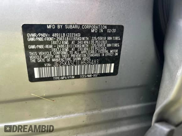 2020 Subaru Forester Limited z VIN JF2SKASC1LH526483, wystawiony jako Copart lot #91296095 z przebiegiem 127 500 mil mil oraz Czysty tytuł • Clean title. Historia ofert i sprzedaży dostępna na DreamBid. Obrazek 10.