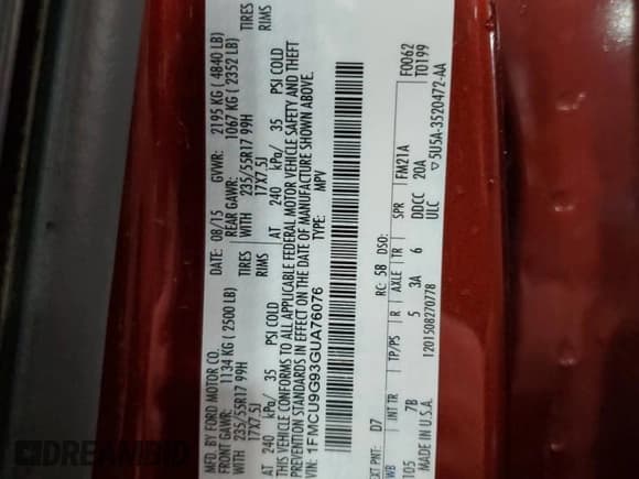 ✅ 2016 Ford Escape SE • VIN: 1FMCU9G93GUA76076 • Lot: 90937235. Listed on Copart with 176,620 mi. Free auction sales archive from the USA and detailed vehicle history report at DreamBid. Image 13.