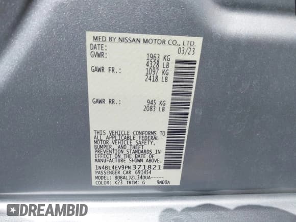 ✅ 2023 Nissan Altima SL • VIN: 1N4BL4EV9PN371821 • Lot: 42579736. Listed on IAAI with 61,545 mi. Free auction sales archive from the USA and detailed vehicle history report at DreamBid. Image 9.