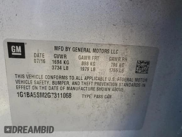 ✅ 2016 Chevrolet Cruze L • VIN: 1G1BA5SM2G7311068 • Lot: 74190984. Listed on Copart with 106,584 mi. Free auction sales archive from the USA and detailed vehicle history report at DreamBid. Image 12.