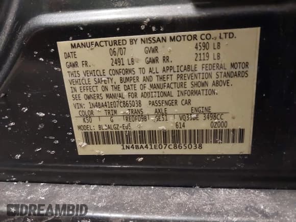 ✅ 2007 Nissan Maxima SE • VIN: 1N4BA41E07C865038 • Lot: 41463852. Wystawiony na IAAI z przebiegiem 137 980 mil. Bezpłatny archiwum sprzedaży aukcyjnych z USA i szczegółowy raport historii pojazdu na DreamBid. Zdjęcie 9.