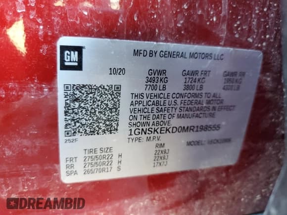 ✅ 2021 Chevrolet Suburban RST • VIN: 1GNSKEKD0MR198555 • Lot: 49272855. Listed on Copart with 61,272 mi. Free auction sales archive from the USA and detailed vehicle history report at DreamBid. Image 13.