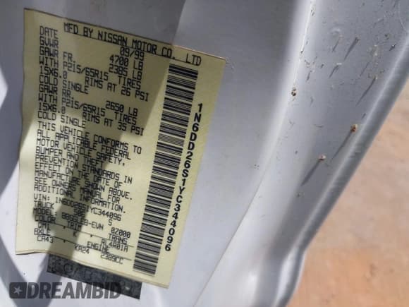 ✅ 2000 Nissan Frontier XE • VIN: 1N6DD26S1YC344096 • Lot: 42713034. Listed on IAAI with 102,564 mi. Free auction sales archive from the USA and detailed vehicle history report at DreamBid. Image 9.