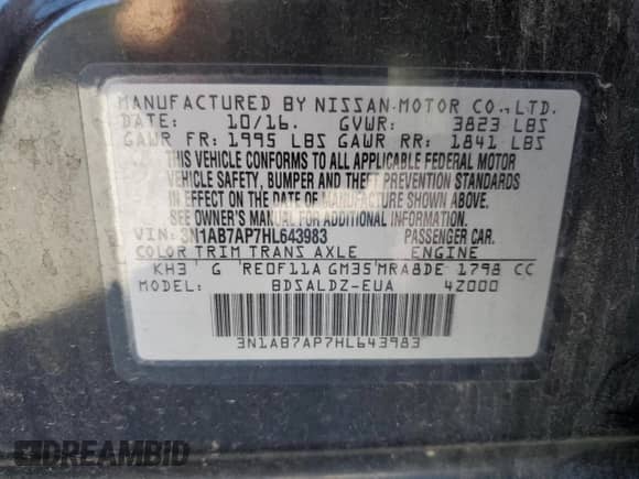 2017 Nissan Sentra SR с VIN 3N1AB7AP7HL643983, выставлен на аукционе Copart как лот 87115945 с пробегом 205 557 миль миль и Списание • Salvage title. История ставок и продаж доступна на DreamBid. Изображение 13.