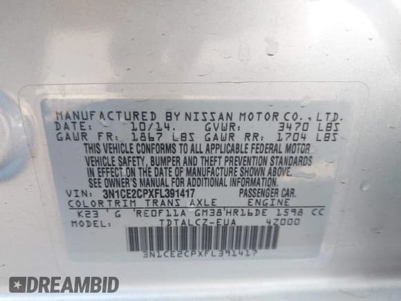 ✅ 2015 Nissan Note S • VIN: 3N1CE2CPXFL391417 • Lot: 41465498. Listed on IAAI with 101,573 mi. Free auction sales archive from the USA and detailed vehicle history report at DreamBid. Image 9.