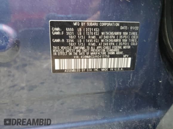 ✅ 2022 Subaru Ascent Premium • VIN: 4S4WMACDXN3417758 • Lot: 69373695. Listed on Copart with Not provided. Free auction sales archive from the USA and detailed vehicle history report at DreamBid. Image 14.
