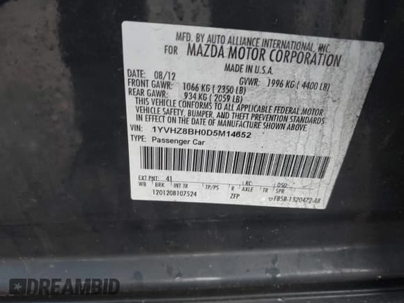 ✅ 2013 Mazda 6 i Sport • VIN: 1YVHZ8BH0D5M14652 • Лот: 41929816. Опубликован ранее на IAAI с пробегом 152 329 миль. Бесплатный доступ к архиву аукционных продаж из США и подробный отчёт об истории автомобиля на DreamBid. Изображение 9.