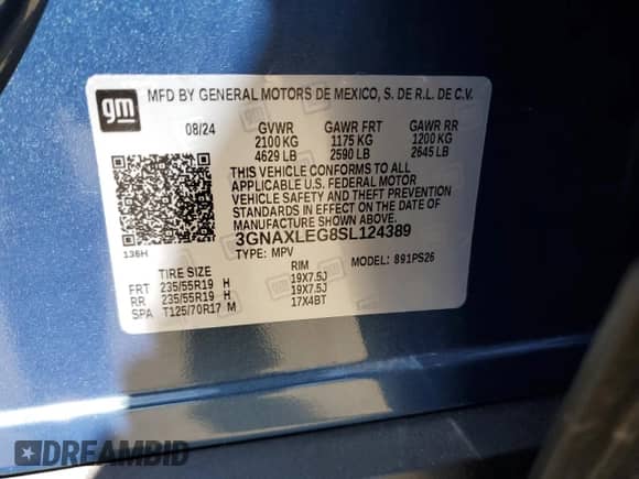 2025 Chevrolet Equinox FWD RS with VIN 3GNAXLEG8SL124389, listed as a Copart auction lot 56031115 with 3,081 mi miles and Salvage title. Bid and sale history available at DreamBid. Image 13.