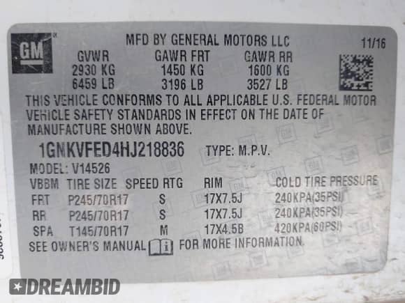 2017 Chevrolet Traverse LS with VIN 1GNKVFED4HJ218836, listed as a IAAI auction lot 42938317 with 200,062 mi miles and . Bid and sale history available at DreamBid. Image 9.