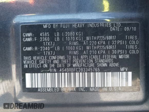 ✅ 2011 Subaru Outback Premium • VIN: 4S4BRBFC2B3345765 • Lot: 42911331. Wystawiony na IAAI z przebiegiem 142 905 mil. Bezpłatny archiwum sprzedaży aukcyjnych z USA i szczegółowy raport historii pojazdu na DreamBid. Zdjęcie 9.