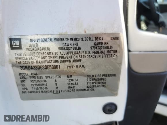 ✅ 2008 Chevrolet HHR LT • VIN: 3GNDA23D68S650861 • Lot: 88721075. Listed on Copart with 95,134 mi. Free auction sales archive from the USA and detailed vehicle history report at DreamBid. Image 12.