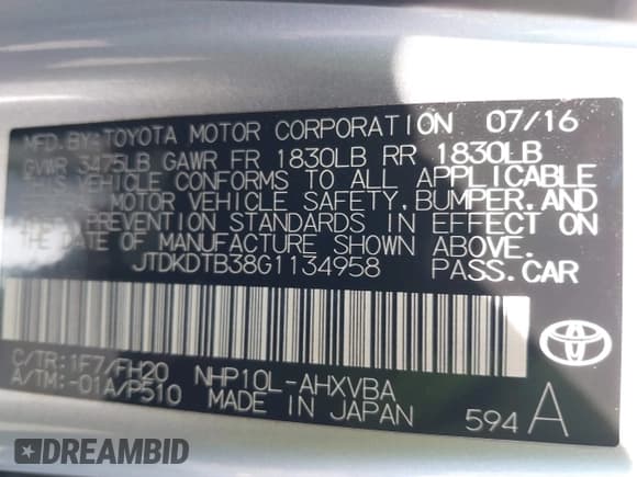 ✅ 2016 Toyota Prius One • VIN: JTDKDTB38G1134958 • Lot: 42396085. Listed on IAAI with 70,280 mi. Free auction sales archive from the USA and detailed vehicle history report at DreamBid. Image 9.