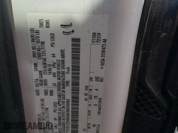 ✅ 2016 Ford Transit Cargo • VIN: 1FTYE1ZM9GKB03092 • Lot: 60448765. Listed on Copart with 65,244 mi. Free auction sales archive from the USA and detailed vehicle history report at DreamBid. Image 13.