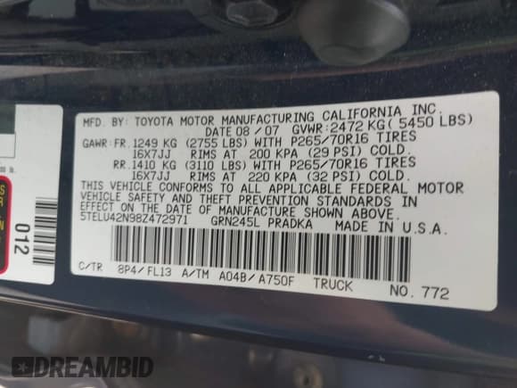 ✅ 2008 Toyota Tacoma • VIN: 5TELU42N98Z472971 • Lot: 42632675. Listed on IAAI with 167,391 mi. Free auction sales archive from the USA and detailed vehicle history report at DreamBid. Image 11.