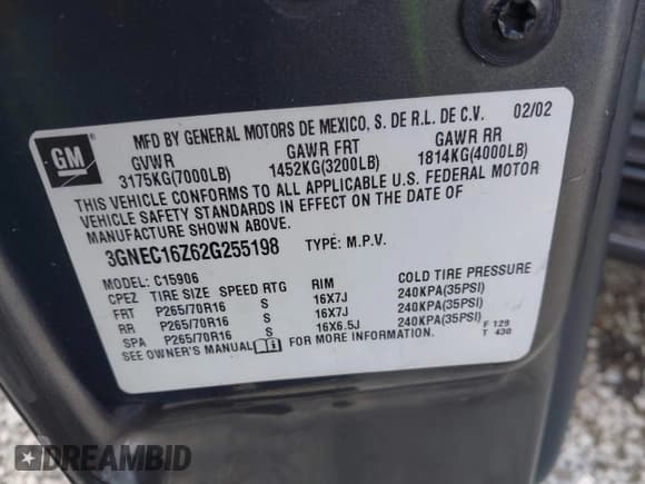 ✅ 2002 Chevrolet Suburban LS • VIN: 3GNEC16Z62G255198 • Lot: 42312829. Listed on IAAI with 192,459 mi. Free auction sales archive from the USA and detailed vehicle history report at DreamBid. Image 9.