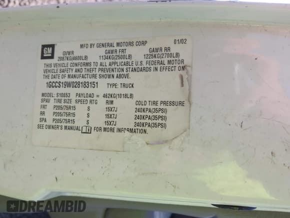 ✅ 2002 Chevrolet S-10 • VIN: 1GCCS19W028183151 • Лот: 41714759. Опубликован ранее на IAAI с пробегом 169 490 миль. Бесплатный доступ к архиву аукционных продаж из США и подробный отчёт об истории автомобиля на DreamBid. Изображение 9.