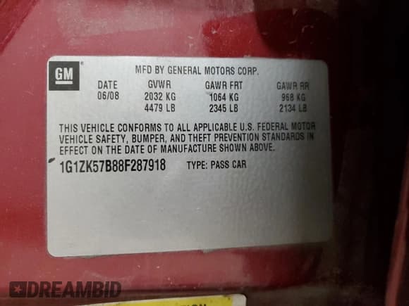 ✅ 2008 Chevrolet Malibu LTZ • VIN: 1G1ZK57B88F287918 • Lot: 82822404. Listed on Copart with 169,531 mi. Free auction sales archive from the USA and detailed vehicle history report at DreamBid. Image 12.