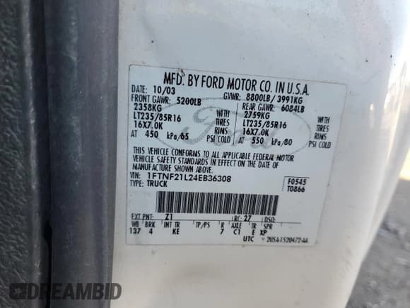 ✅ 2004 Ford F-250 XL • VIN: 1FTNF21L24EB36308 • Lot: 84531944. Listed on Copart with Not provided. Free auction sales archive from the USA and detailed vehicle history report at DreamBid. Image 12.