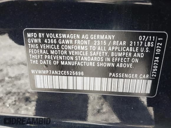 ✅ 2012 Volkswagen CC Sport • VIN: WVWMP7AN2CE525696 • Lot: 43911298. Listed on IAAI with 119,654 mi. Free auction sales archive from the USA and detailed vehicle history report at DreamBid. Image 9.