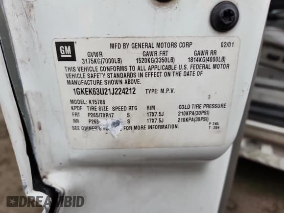 ✅ 2001 GMC Yukon Denali • VIN: 1GKEK63U21J224212 • Lot: 93704805. Listed on Copart with Not provided. Free auction sales archive from the USA and detailed vehicle history report at DreamBid. Image 13.