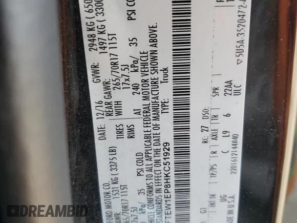 ✅ 2017 Ford F-150 XL • VIN: 1FTEW1EP8HKC51929 • Lot: 59044785. Wystawiony na Copart z przebiegiem 194 060 mil. Bezpłatny archiwum sprzedaży aukcyjnych z USA i szczegółowy raport historii pojazdu na DreamBid. Zdjęcie 12.