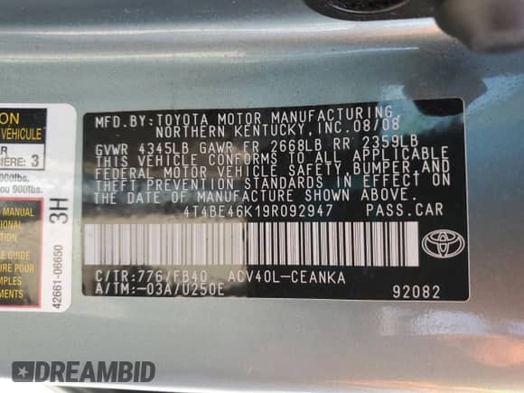 2009 Toyota Camry with VIN 4T4BE46K19R092947, listed as a Copart auction lot 81082165 with 91,988 mi miles and Salvage title. Bid and sale history available at DreamBid. Image 12.
