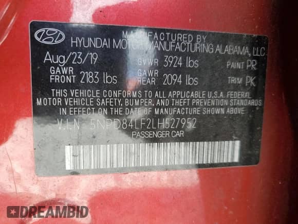 2020 Hyundai Elantra SEL with VIN 5NPD84LF2LH527952, listed as a Copart auction lot 87271035 with 92,893 mi miles and Non repairable. Bid and sale history available at DreamBid. Image 13.