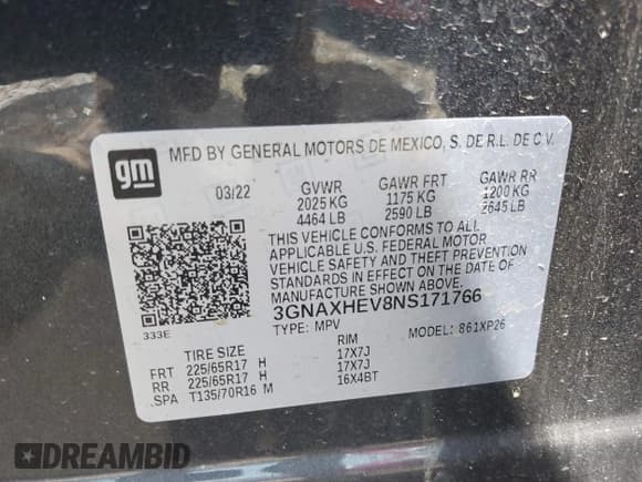 ✅ 2022 Chevrolet Equinox LS • VIN: 3GNAXHEV8NS171766 • Lot: 42864112. Listed on IAAI with 72,934 mi. Free auction sales archive from the USA and detailed vehicle history report at DreamBid. Image 9.