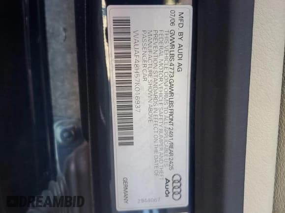 ✅ 2007 Audi A4 2.0T • VIN: WAUAF48H57K016937 • Lot: 91468975. Wystawiony na Copart z przebiegiem 86 612 mil. Bezpłatny archiwum sprzedaży aukcyjnych z USA i szczegółowy raport historii pojazdu na DreamBid. Zdjęcie 12.