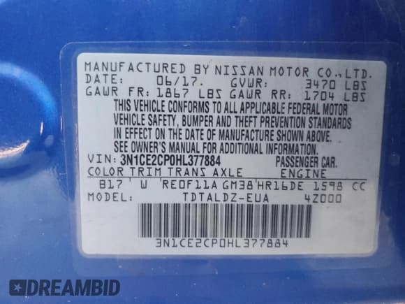 ✅ 2017 Nissan Note S Plus • VIN: 3N1CE2CP0HL377884 • Lot: 87550415. Listed on Copart with Not provided. Free auction sales archive from the USA and detailed vehicle history report at DreamBid. Image 12.