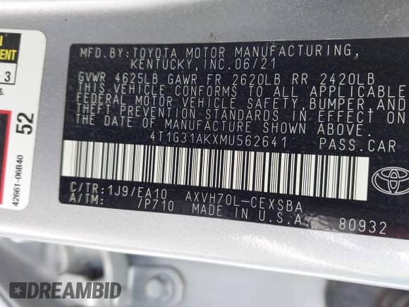 2021 Toyota Camry Hybrid SE z VIN 4T1G31AKXMU562641, wystawiony jako IAAI lot #42415712 z przebiegiem 71 085 mil mil oraz . Historia ofert i sprzedaży dostępna na DreamBid. Obrazek 9.