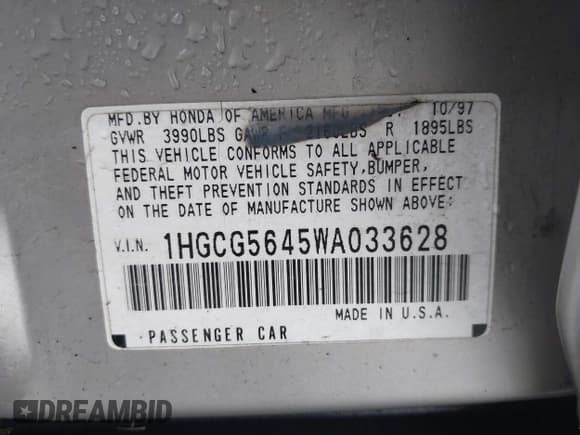 ✅ 1998 Honda Accord LX • VIN: 1HGCG5645WA033628 • Лот: 43864348. Опубликован ранее на IAAI с пробегом 226 932 миль. Бесплатный доступ к архиву аукционных продаж из США и подробный отчёт об истории автомобиля на DreamBid. Изображение 9.