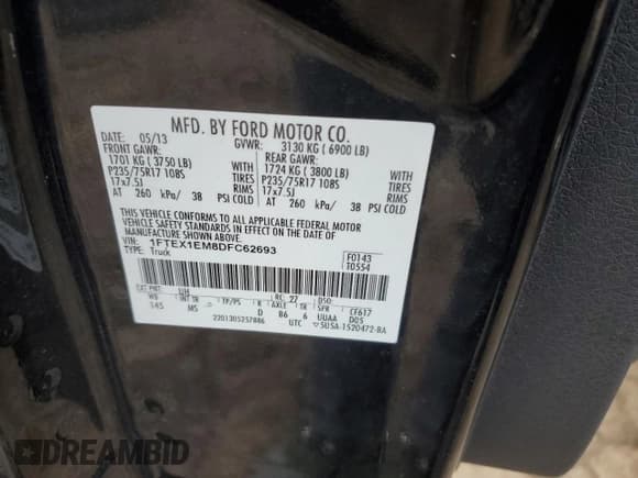 ✅ 2013 Ford F-150 XL • VIN: 1FTEX1EM8DFC62693 • Lot: 47941695. Listed on Copart with 222,196 mi. Free auction sales archive from the USA and detailed vehicle history report at DreamBid. Image 12.