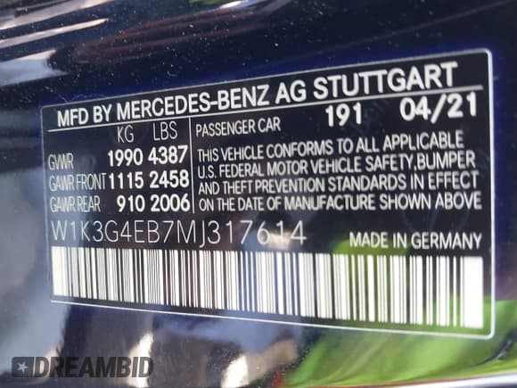 ✅ 2021 Mercedes-Benz A 220 • VIN: W1K3G4EB7MJ317614 • Lot: 42967200. Listed on IAAI with 26,000 mi. Free auction sales archive from the USA and detailed vehicle history report at DreamBid. Image 9.