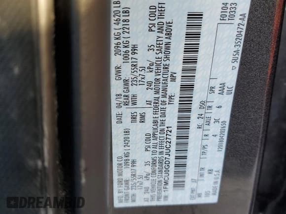 ✅ 2018 Ford Escape SE • VIN: 1FMCU0GD7JUC27721 • Lot: 93012415. Listed on Copart with 144,625 mi. Free auction sales archive from the USA and detailed vehicle history report at DreamBid. Image 13.