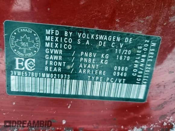 ✅ 2021 Volkswagen Jetta SEL • VIN: 3VWE57BU1MM021973 • Lot: 94962965. Listed on Copart with 168,239 mi. Free auction sales archive from the USA and detailed vehicle history report at DreamBid. Image 12.