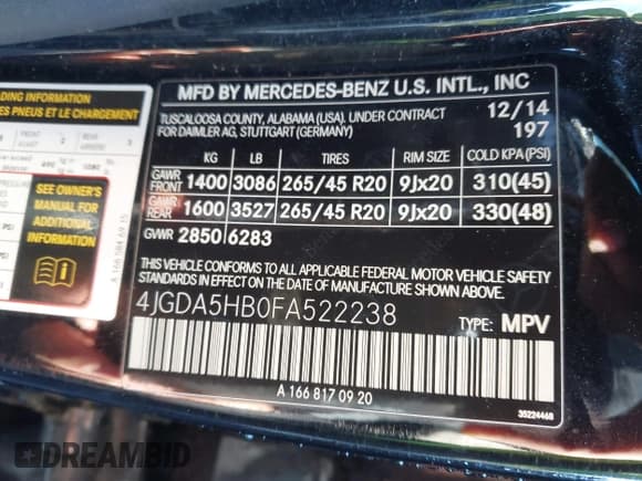 ✅ 2015 Mercedes-Benz M 350 • VIN: 4JGDA5HB0FA522238 • Lot: 43451752. Listed on IAAI with 157,276 mi. Free auction sales archive from the USA and detailed vehicle history report at DreamBid. Image 9.