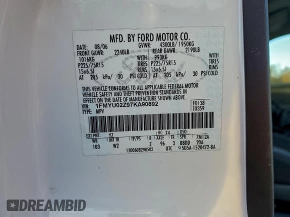 ✅ 2007 Ford Escape XLS • VIN: 1FMYU02Z97KA90892 • Lot: 94980705. Wystawiony na Copart z przebiegiem 189 254 mil. Bezpłatny archiwum sprzedaży aukcyjnych z USA i szczegółowy raport historii pojazdu na DreamBid. Zdjęcie 12.