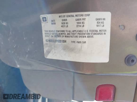 2000 Chevrolet Malibu z VIN 1G1ND52J3Y6351094, wystawiony jako IAAI lot #42703471 z przebiegiem 297 098 mil mil oraz . Historia ofert i sprzedaży dostępna na DreamBid. Obrazek 9.