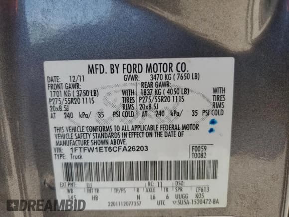 ✅ 2012 Ford F-150 XL • VIN: 1FTFW1ET6CFA26203 • Lot: 61140575. Listed on Copart with 160,951 mi. Free auction sales archive from the USA and detailed vehicle history report at DreamBid. Image 12.