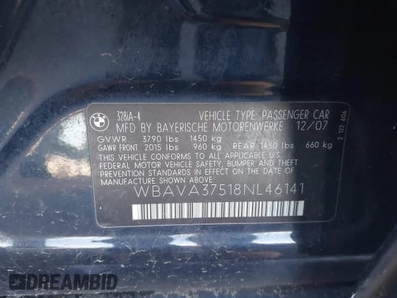 ✅ 2008 BMW 3 Series 328i • VIN: WBAVA37518NL46141 • Lot: 43497143. Listed on IAAI with 107,749 mi. Free auction sales archive from the USA and detailed vehicle history report at DreamBid. Image 9.