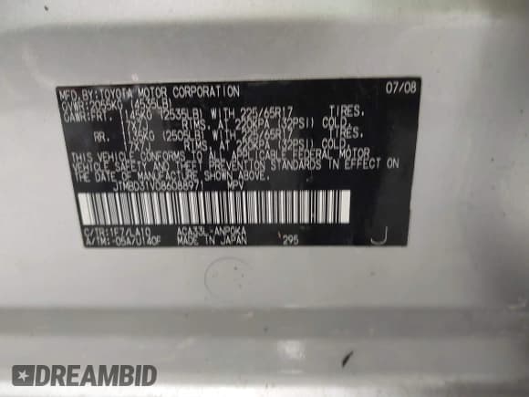 ✅ 2008 Toyota RAV4 Limited • VIN: JTMBD31V086088971 • Lot: 43770536. Listed on IAAI with 108,927 mi. Free auction sales archive from the USA and detailed vehicle history report at DreamBid. Image 9.