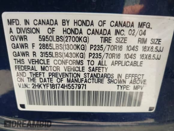 2004 Honda Pilot LX with VIN 2HKYF18174H557971, listed as a IAAI auction lot 42940769 with 91,669 mi miles and . Bid and sale history available at DreamBid. Image 9.