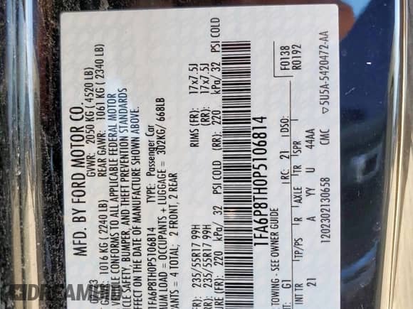 2023 Ford Mustang EcoBoost с VIN 1FA6P8TH0P5106814, выставлен на аукционе Copart как лот 67833965 с пробегом 60 114 миль миль и Списание • Salvage title. История ставок и продаж доступна на DreamBid. Изображение 12.