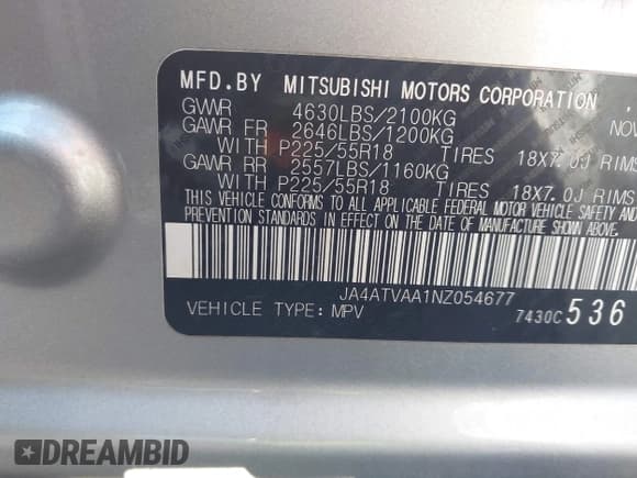 ✅ 2022 Mitsubishi Eclipse Cross LE • VIN: JA4ATVAA1NZ054677 • Лот: 43704732. Опубликован ранее на IAAI с пробегом 57 848 миль. Бесплатный доступ к архиву аукционных продаж из США и подробный отчёт об истории автомобиля на DreamBid. Изображение 9.