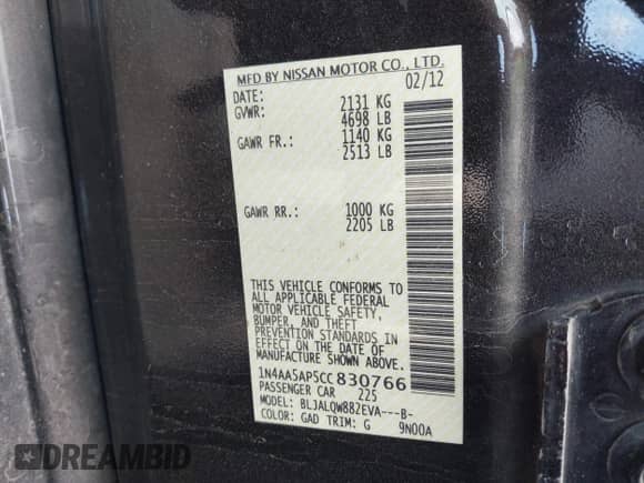 2012 Nissan Maxima S z VIN 1N4AA5AP5CC830766, wystawiony jako IAAI lot #42196124 z przebiegiem 222 928 mil mil oraz . Historia ofert i sprzedaży dostępna na DreamBid. Obrazek 9.