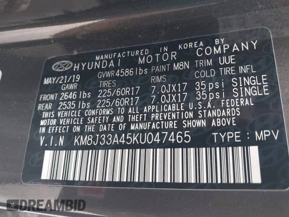 2019 Hyundai Tucson Value with VIN KM8J33A45KU047465, listed as a IAAI auction lot 42625120 with 136,962 mi miles and . Bid and sale history available at DreamBid. Image 9.