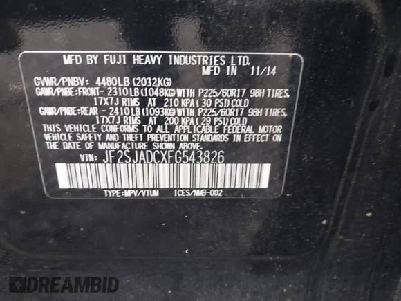 2015 Subaru Forester Premium with VIN JF2SJADCXFG543826, listed as a IAAI auction lot 43306662 with 165,478 mi miles and . Bid and sale history available at DreamBid. Image 9.