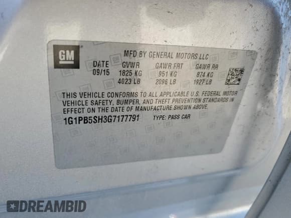 ✅ 2016 Chevrolet Cruze LS • VIN: 1G1PB5SH3G7177791 • Lot: 65584853. Listed on Copart with 95,982 mi. Free auction sales archive from the USA and detailed vehicle history report at DreamBid. Image 12.